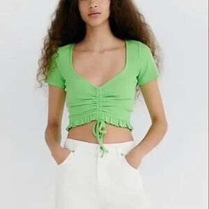 Zara Women SizeM Green Ribbed Y2K Short Sleeve Ruffle Cinched Tie Front Crop Top
